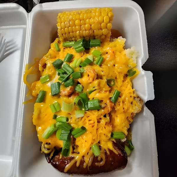 Loaded baked potato with melted cheese, shrimp, sausage, green onions, and corn on the cob.