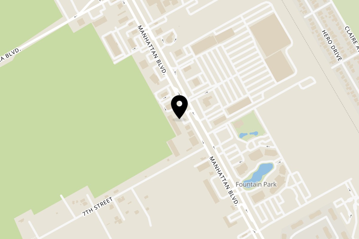 Map showing the location of The Spud Spot on 1818 Manhattan Boulevard in Harvey